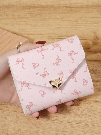 New Fox Head Hardware Decorative Bow Print Women's Multifunctional Short Wallet, High-Quality Card Storage Bag, Simple Casual Multifunctional Card Holder, Fashionable Multifunctional Wallet, Foldable Women's Wallet