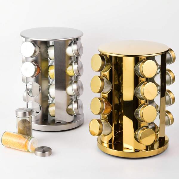 1 Set DIY Stainless Steel Countertop Spice Organizer With 16 Jars & 360° Rotating Base - Space-Saving Home Kitchen Spice Storage Rack