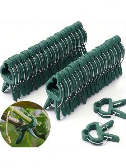 50pcs Reusable Green Plant Support Clips - Adjustable Garden & Greenhouse Brackets For Vines, Flowers, Seedlings, And Tomatoes - Durable Green Plastic With Metal Clasps For Secure Plant Growth, Garden Support Accessories | Secure Gardening Clips | Reusable Garden Clips