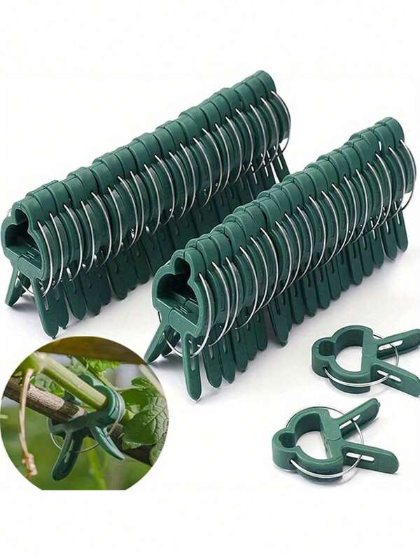 50pcs Reusable Green Plant Support Clips - Adjustable Garden & Greenhouse Brackets For Vines, Flowers, Seedlings, And Tomatoes - Durable Green Plastic With Metal Clasps For Secure Plant Growth, Garden Support Accessories | Secure Gardening Clips | Reusable Garden Clips