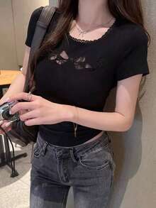 Ladies Summer Lace Trim Bow Hollow Shoulder Short Sleeve Tee