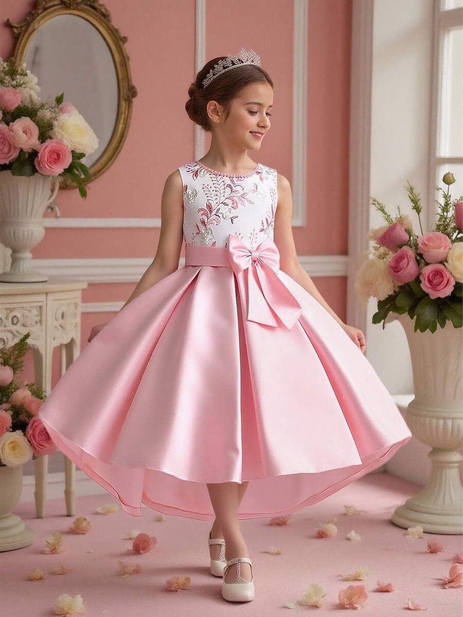 缎面刺绣花朵蝴蝶结公主裙,优雅少女款,适合派对穿着,刺绣方向随机,不含头饰 - 藕粉色 - 查看 1