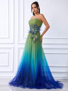 DELLA COUTURE Elegant Luxury Gradient Beaded Sequin Appliques Strapless Floor-Length Evening Gown Ideal For Formal Occasions Such As Banquets Weddings Proms And Parties. - Green - View 4