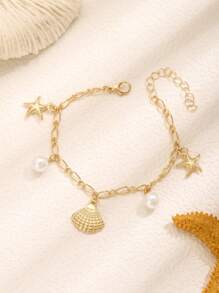 1 pieza Pulsera elegante y linda de niñas con estilo océano creativo, con colgantes de concha, estrella de mar y perla falsa, ideal para uso regular, vacaciones de playa y verano