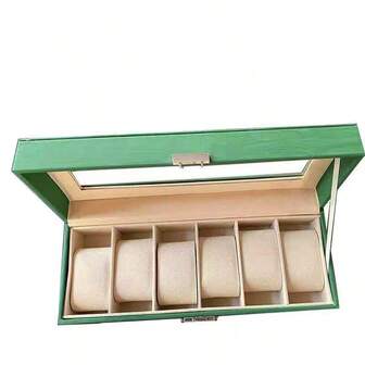 1 件仿木纹 6 槽手表盒，透明窗口珠宝收纳盒，手表和手链隔层整理器，PU 皮革珠宝盒