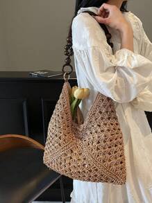 Bolsa Casual de Verão Feminina para Férias, Tecida, Bolsa de Praia Casual para Compras, Nova Chegada Bolsa de Ombro de Palha Feita à Mão