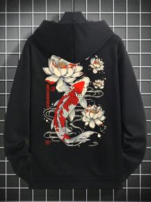 男士休闲街头鲤鱼莲花印花口袋抽绳连帽衫，保暖内衬，秋冬季长袖上衣 - 黑色 - 查看 5