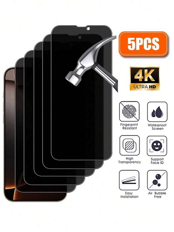 5 Pieces Privacy Tempered Glass Screen Protector For IPhone 17/15/16/14/11/12/13 Pro Max, Anti-Peep Tempered Glass, Compatible With IPhone XS Max/XR/X/15/7/8 Plus/SE/16e Birthday Gift, Family, Friends Anti-Peep, Mobile Screen Protector, Mobile Phone Accessories