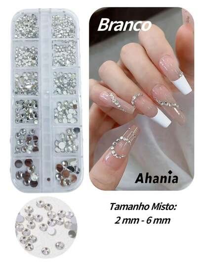 Ahania Kit de Strass Decoração Unhas 12 Cores Coloridos Misto,Branco e Boreal Fruta Cor, Com Caixinha Organizadora 12 Divisoras, Nail Art