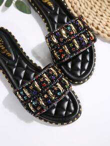 Women's Fashion Slip-On Sandals, 2025 Newest Styles, European-American French Korean Casual Versatile Flat Pearl Rhinestone Embellished Beach Vacation Slippers Valentines - Black - View 6