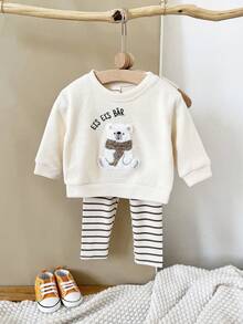 2 件套女婴服装套装：可爱北极熊刺绣白色长袖运动衫 + 打底裤，春秋 - 米色 - 查看 4