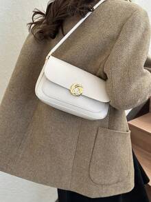 Elegante Bolso De Hombro Retro Decorado Con Herrajes Redondos De Color Sólido - Beis - Ver 2