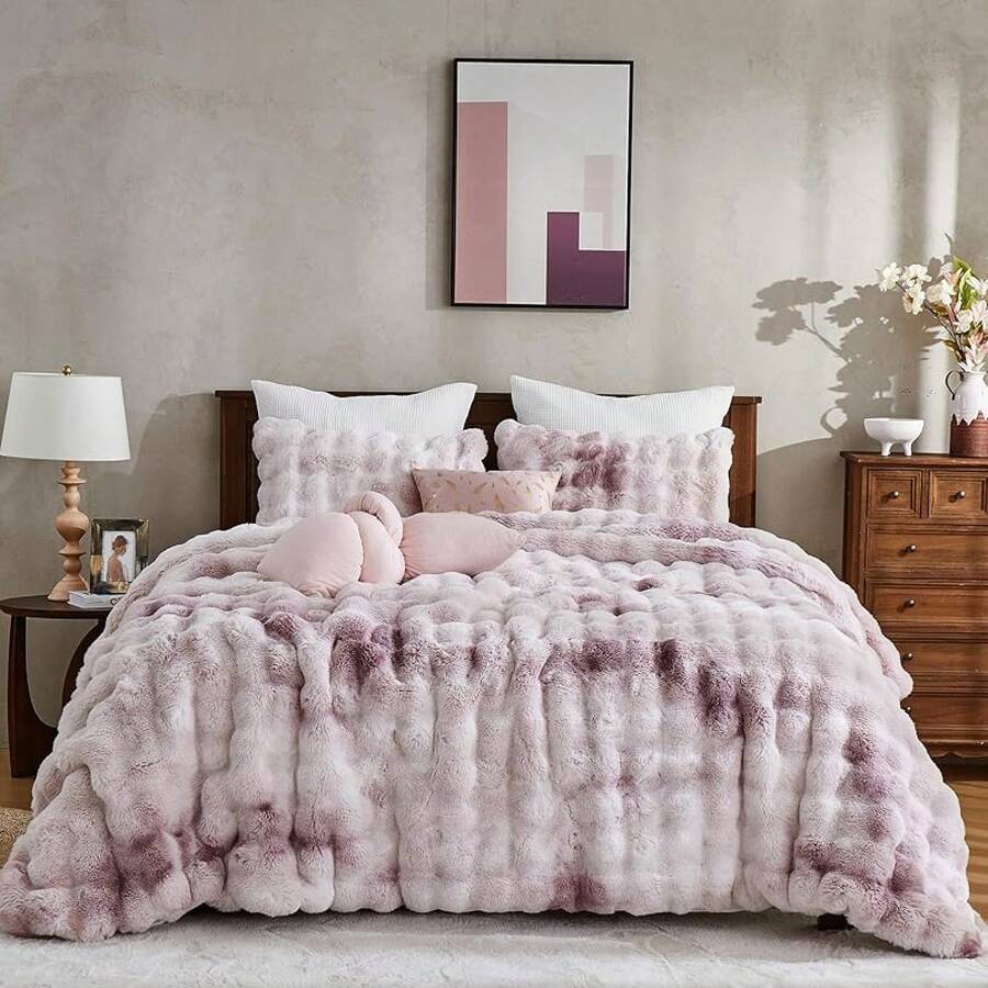 Comforter Set 3 Piece, Plush Fluffy Bedding, Geometric Pattern, Lightweight Bedspread Blanket All Season, Faux Comforter - Tie Dye-pink Purple - View 1