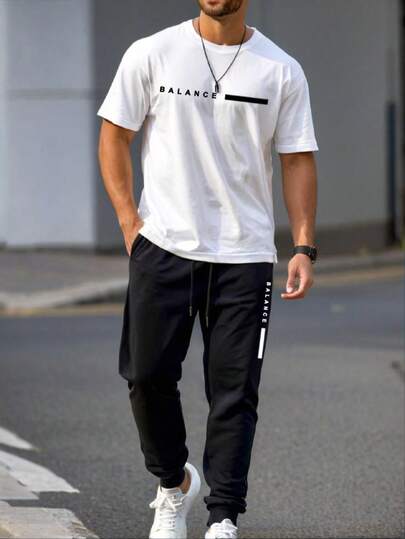 男士简约英文印花短袖T恤和休闲裤两件套