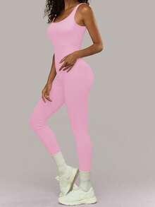 Yefecy 1 bộ áo liền quần màu trơn, chất liệu co giãn cao, thích hợp cho chạy bộ, tập thể dục, yoga, thể thao, không đường may, màu hồng mùa hè. - Hồng - Xem 3