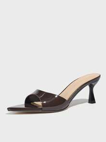 女士优雅高跟穆勒鞋，性感收腰宽鞋面尖头猫跟凉鞋，时尚百搭，适合春夏派对、休闲、户外、旅行，光泽柔和的咖啡棕色鞋履 - 咖啡棕 - 查看 5