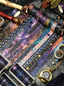 12/6rolls/Box Galactic Splendor Star Washi Tape, Scrapbook Supplies Tape Dispenser Washi Tape, Starry Sky Bronzing Washi Tape Set With Dream Planet Design(0.59*78.74in) School Supplies, Back To School