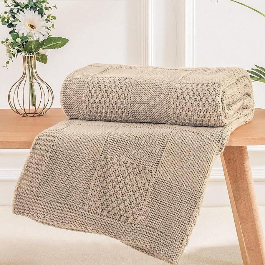 Knit Throw Blanket,Classical Checkered Blanket For Couch,Cozy Warm Knitted Throw Blanket For Bed Sofa Living Room, Decorative Stretched Throw, Lightweigh,50"X 60"Oatmeal - Oatmeal - 查看 1