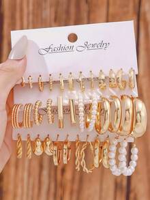 36 Pcs Vintage-Inspired Faux Pearl Hoop Earring Set, Retro Gold Finish, Ideal For Autumn Styling, Date Night & Elegant Gifting Moments - Yellow Gold - View 2