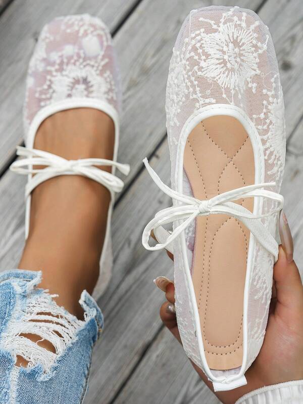 Zapatos planos de mujer con lazo y punta cuadrada, zapatos casuales de punto, zapatos de ballet casuales de talla grande, zapatos slip-on de bajo empeine para damas, zapatos versátiles y cómodos para madres, en estilo bohemio de colores amarillo, negro, blanco, beige, azul claro, estampado de leopardo, zapatos planos de encaje, tallas grandes europeas y americanas, zapatos casuales de verano para caminar al aire libre, zapatos planos casuales de mujer, zapatos holgados, mocasines de dama con lazo hueco, elegantes zapatos planos blancos, florales