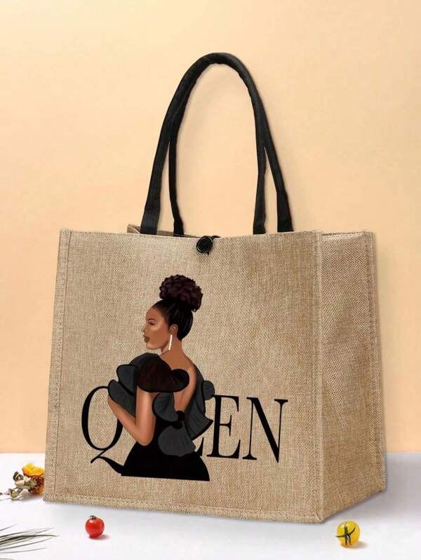 Bolsa casual de linho, leve, reutilizável, para compras de supermercado, bolsa de praia, bolsa multiuso para compras ao ar livre, Queen Belief, Black Queen, mulheres elegantes