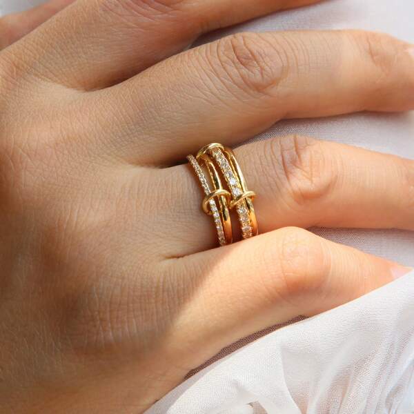 1pc European & American Style Copper Plated Interlocking Stackable Rings, Shiny High Gloss Gold Jewelry Rings, Unisex, Quality Jewelry Gift Suitable For Teachers