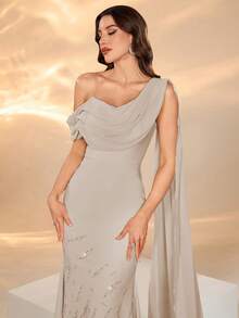 Woman's Plunging Neckline Sleeveless Dress With Long Ribbons, Pleated Bust, Solid Color, Body-Hugging, Exquisite Rhinestone Embellished Elegant Gown (Random Rhinestone Direction) With Back Tie And Mini Fish Tail Hem - Apricot - View 6