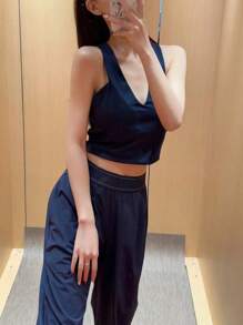 两件套速干面料提花松紧腰阔腿裤带侧袋日常休闲装