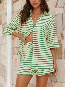 两件套女士休闲舒适家居沙滩度假夏季节日条纹短袖上衣和宽松条纹短裤套装，优雅浪漫简约风格 - 綠色 - 查看 5