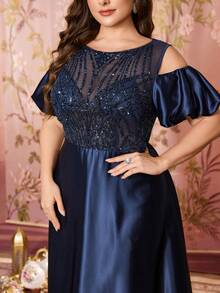 SUPGIR Plus Women's Round-Neck Falling Shoulder Sleeves Sequin Patchwork Satin Mesh Fabric Design Elegant Slim-Fitting Evening Dress - Navy Blue - View 5