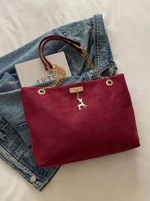 个性大容量包包，女士大容量纹理链条单肩包，新款时尚ins腋下包，复古磨砂托特包 - 紅色 - 查看 3