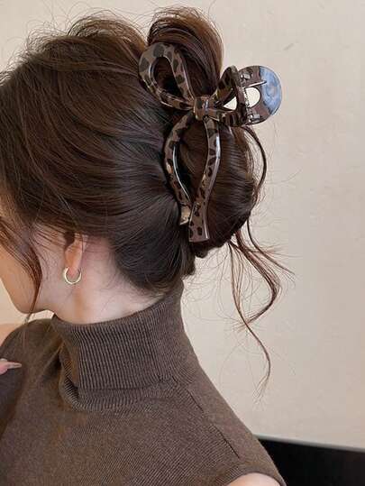 Plus Size Leopard Print Bow Claw Clip, Large Hair Clamp For Thick Hair, Women's Hair Claw Hairpin Elegant New Hair Accessory, Birthday Gift, Bow Accessories, School Stuff, College Hair Accessories Autumn Accessories Fall Winter Hair Clip For Vacation Outfits Woman