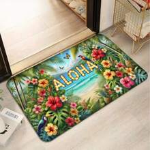 Floral & Letter Pattern Doormat, Tropical Flowers "Aloha" Doormat - Vibrant Hawaiian Party Theme With Palm Trees And Flamingos, Absorbent Flannel Printed Mat
