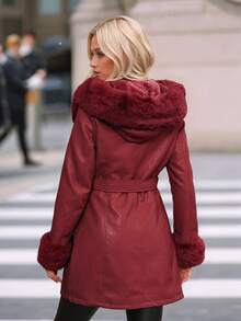 Damen PU-Lederjacke mit Kunstfell und Gürtel - eine ideale Wahl für Herbst/Winter, modisches Gürteldesign, geeignet für Lässig- oder Pendleroutfits - Bordeaux - Übersicht 3