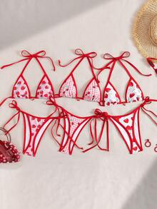 2 piezas Conjunto de bikini de mujer con estampado de cerezas, escote halter, para vacaciones en la playa con ribete contrastante, para verano - Multicolor - Ver 6