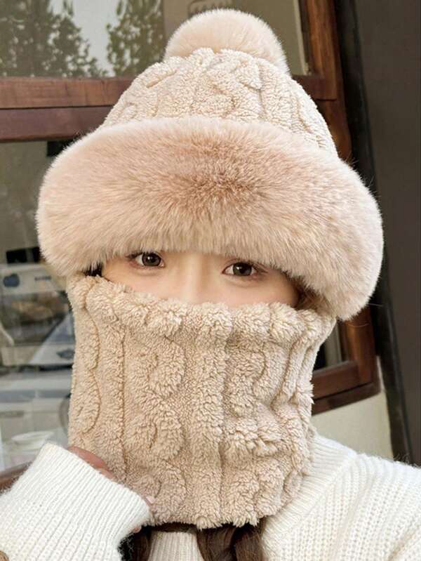 1 pezzo Set di cappello e sciarpa in peluche per donna, design carino a forma di orso, berretto con paraorecchie caldo, cappello da sci casual e versatile foderato in poliestere termico, outfit autunnali/invernali soffici
