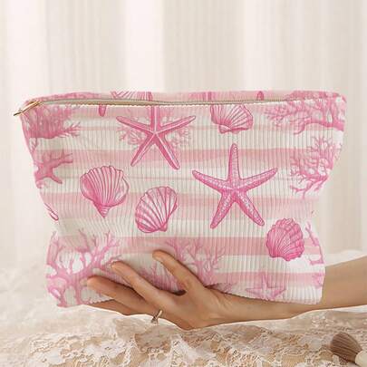 1pc Portable Cosmetic Bag, Ocean Series Shell & Starfish Pattern Double-Sided Printed Travel Zipper Cosmetic Pouch, Multi-Functional Toiletry Storage Bag,Fall Decor,Autumn Decor,Room Decor