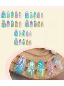 Summer Ocean Series Nails 60 Pieces (2 Mixes) Long Almond 3D Gel Nails Make Starfish Dolphin Shell Flower Nails With Pearl Decoration Design French Acrylic Press Nail Almonds Perfect Fit Fake Nail Set Includes: 1 Piece Jelly Glue & 1 Nail File, Easy To Wear Summer Nails & French Pointed Nail Art For Women & Girls For Daily Wear & Party Use