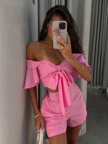 Women's Fashion Large Round Neck Plain Bow Knot Back Sleeveless Top