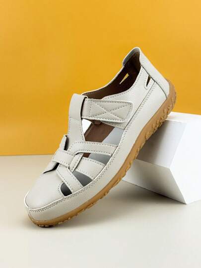 Fashion Designer Women's Summer Sandals, Simple Solid Color Open-Toe Hook And Loop Casual Flat Sandals, Comfortable Outdoor Wear, Suitable For Jeans, Skirts, Vacation, Plus Size