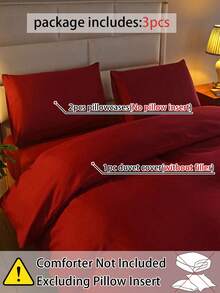 Juego de ropa de cama de 3 piezas de unicolor: suave y cómodo, adecuado para dormitorio, hotel, dormitorio y decoración navideña - Rojo - Ver 2