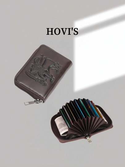 HOVI'S ​​1PC [11-Slot RFID Card Organizer] + [PU Leather Lion Embossed] + [Zipper Protection] + [Cash & ID Pocket] For Men Business (11x7.5x2.2cm) Dark Brown Card Holder Wallet​​