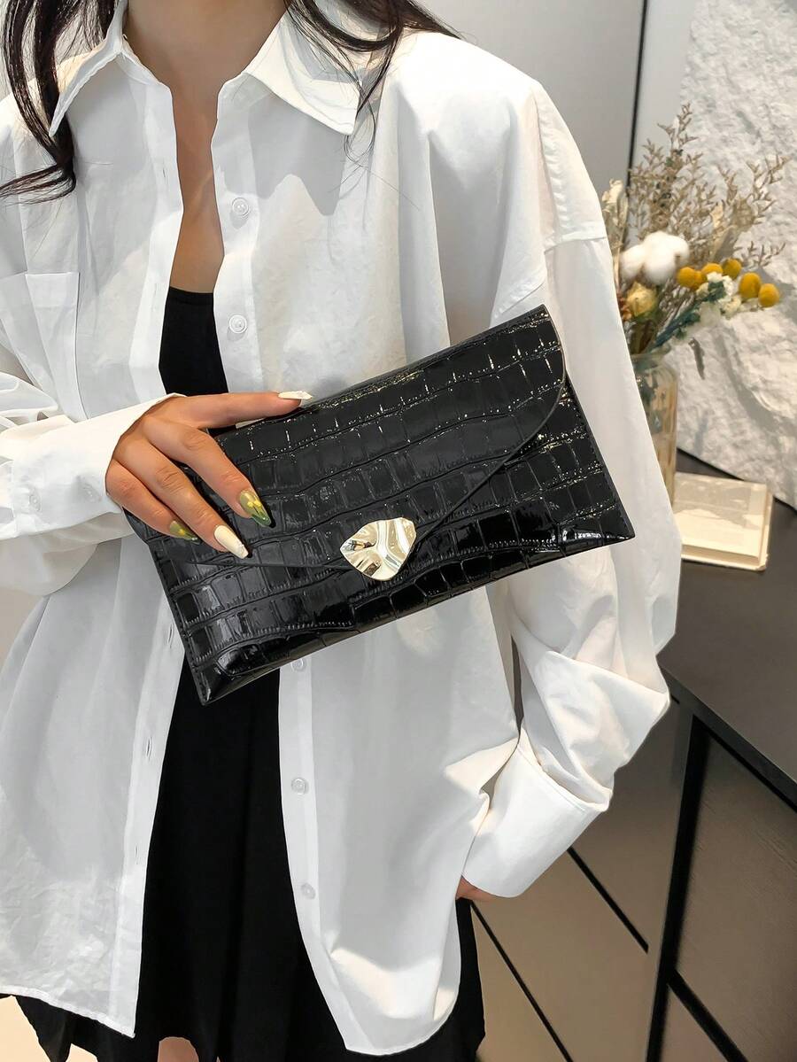 时尚发光简约女士手拿包,花卉浮雕亮片信封包,适合夜店使用 - 黑色 - 查看 1