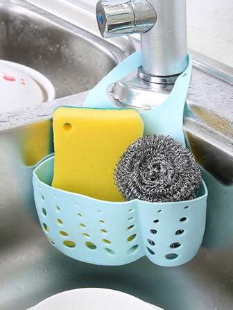 1 pieza Cesta de almacenamiento ajustable para el lavabo - Blanco con diseño de agujero de drenaje, organizador colgante multiusos para cocina y baño, adecuado para caravana, esponjas y herramientas de limpieza, soporte de instalación fácil