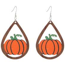 1 coppia di orecchini in legno per donne in stile Ognissanti, con design divertente di zucca, fantasma e pipistrello, a forma di goccia forata a pendente