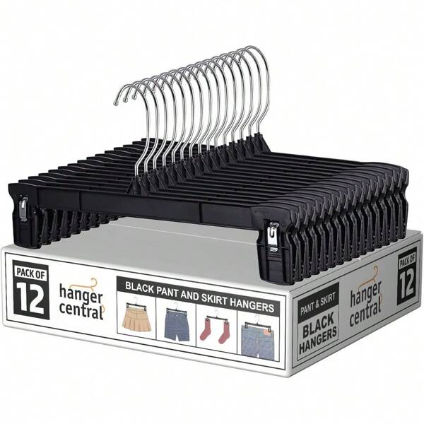 Hanger Central 30 Pack Space Saving Heavy Duty Slim Plastic Pants, Skirts And Shorts Hangers, Ridged Non-Slip With Pinch Clips, 360-Rotating Chrome Swivel Hook, In Black, 12 Inches