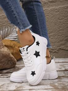 Zapatillas planas con cordones, nueva llegada 2025 para adolescentes de vuelta al colegio. Diseño de estrella de moda, casual de suela gruesa cómoda para uso diario y viajes, para mujeres de talla grande.