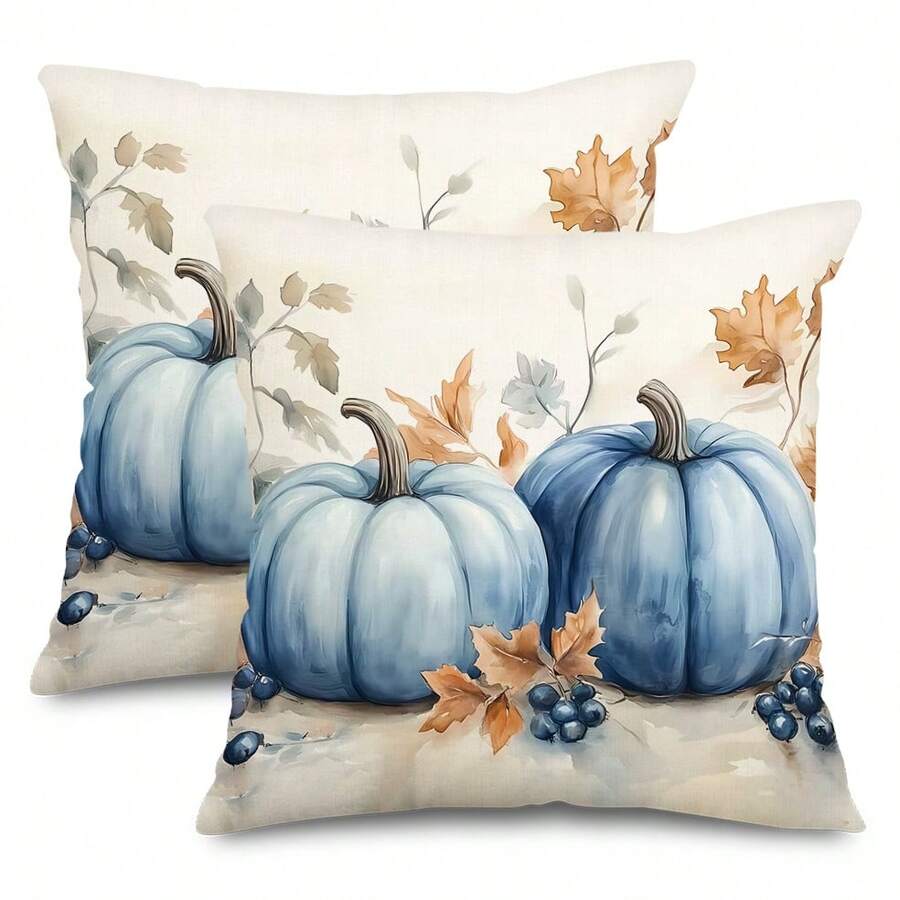 Pillowcases, Autumn Blue Pumpkin Throw Pillows, Pillowcases (16in*16in, 18in*18in, 20in*20in), 2 Pieces Set, Autumn Decorative Home Farmhouse, Thanksgiving And Halloween Sofa Pillowcases - Blue - View 1