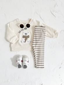 2 件套女婴服装套装：可爱北极熊刺绣白色长袖运动衫 + 打底裤，春秋 - 米色 - 查看 7