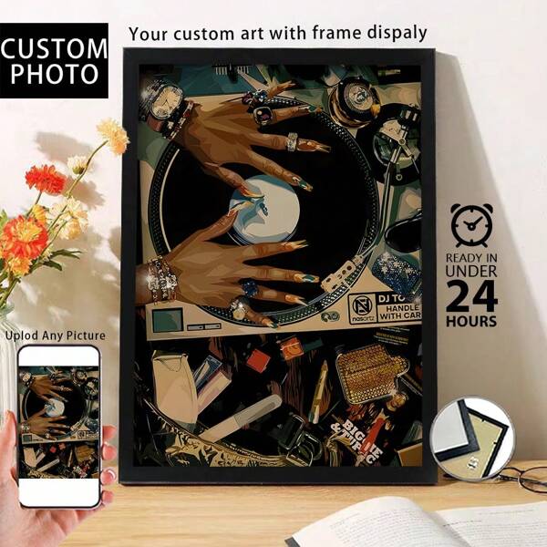 1 Pc, Custom Photo, Polished Plexiglass Wooden Frame,Retro Vinyl Records, Music-Themed Decorations,Personalized Canvas Printed Poster Art, Perfect For Families, Couples, Pets' Memories, And A Perfect Gift For Anniversaries